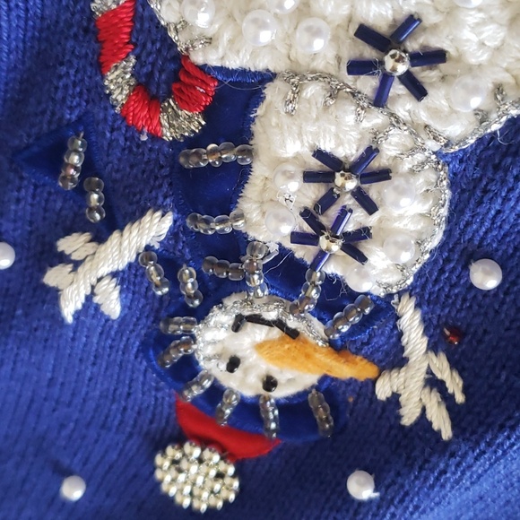 OHI Christmas Blue Sweater Beaded Snowman Snowflakes Detachable Fur Collar Sz XL - Picture 15 of 17
